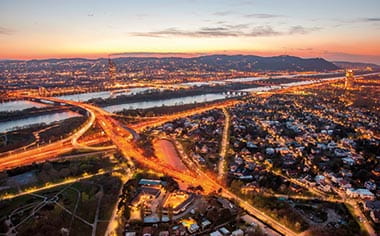 Vienna at sunset with the Danube River
